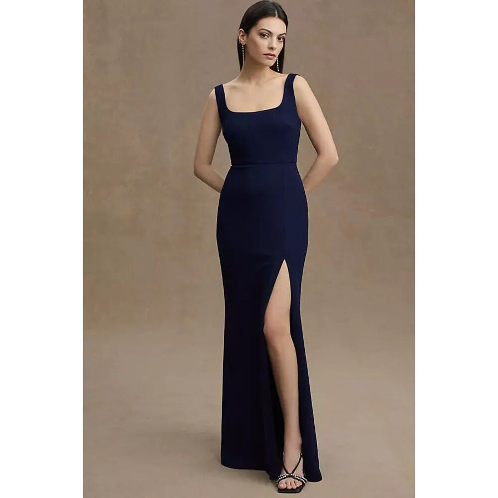 BHLDN Womens Dress Ashlynn Square Neck Side Slit Crepe Gown B957 Navy Size 2 NEW